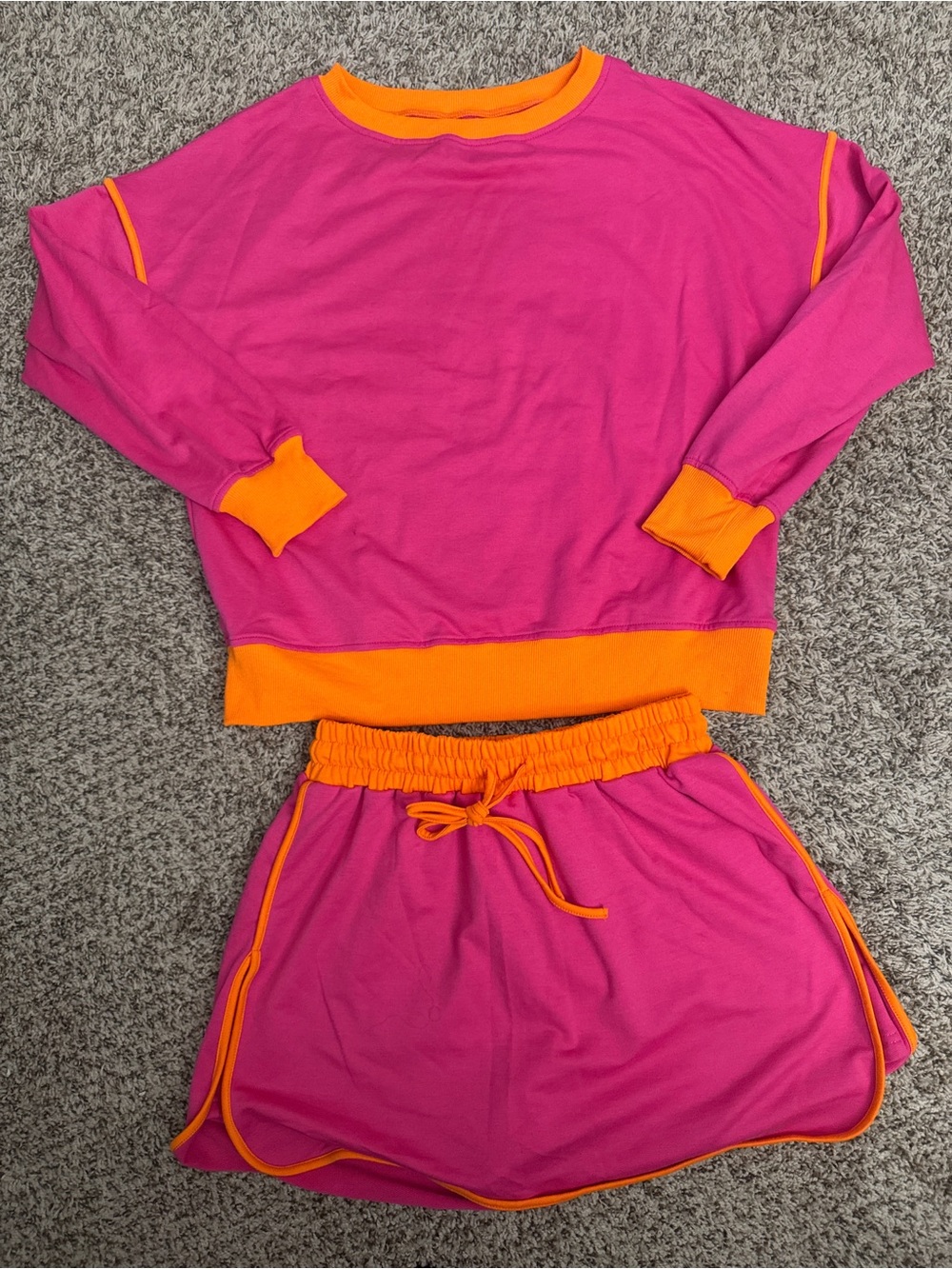 Hot Pink & Orange Two-Piece Set sweatshirt and skirt with built in shorts